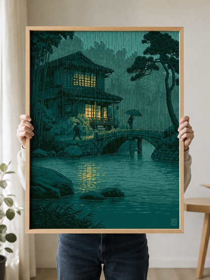 Paisaje Japonés en Póster - Wall Art Decor - packaging - japanese rainy night poster, japanese rain wall art