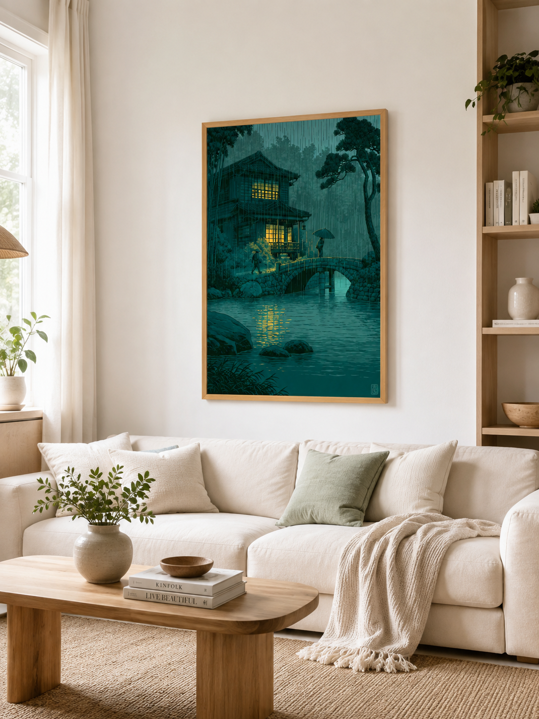 Paisaje Japonés en Póster - Wall Art Decor - lifestyle shot - japanese rainy night poster, japanese rain wall art