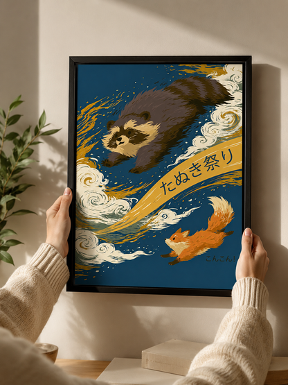 Japanese Tanuki Poster - Wall Art Decor - detail view - japanese tanuki poster, tanuki wall art