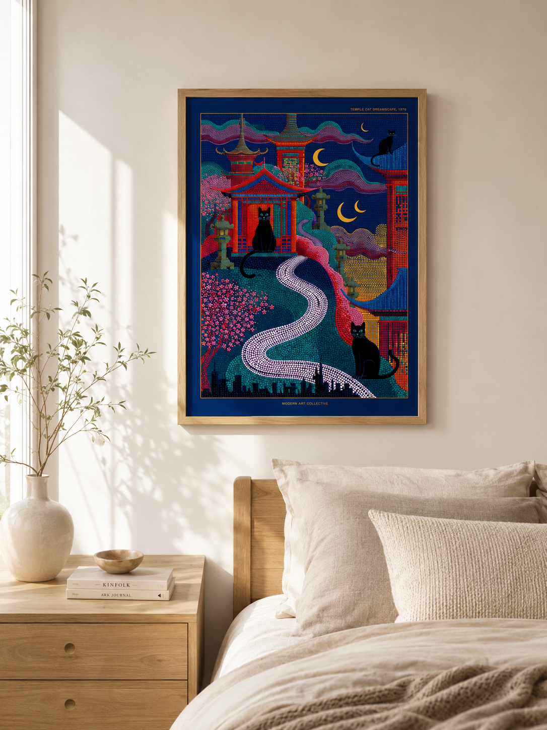 Japanese Temple Cat Poster - Wall Art Decor - lifestyle shot - japanese temple cat poster, japanese cat wall art
