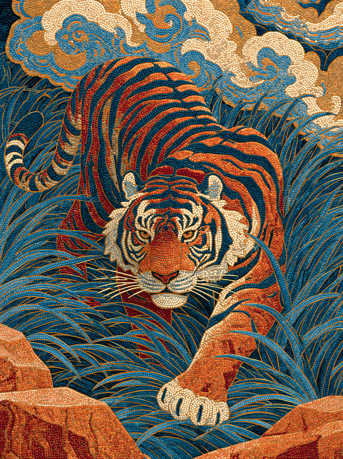 Japanese Tiger Art Print - Wall Art Decor - front view - tiger wall decor, indigo tiger poster