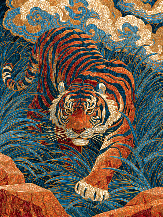 Japanese Tiger Art Print - Wall Art Decor - front view - tiger wall decor, indigo tiger poster