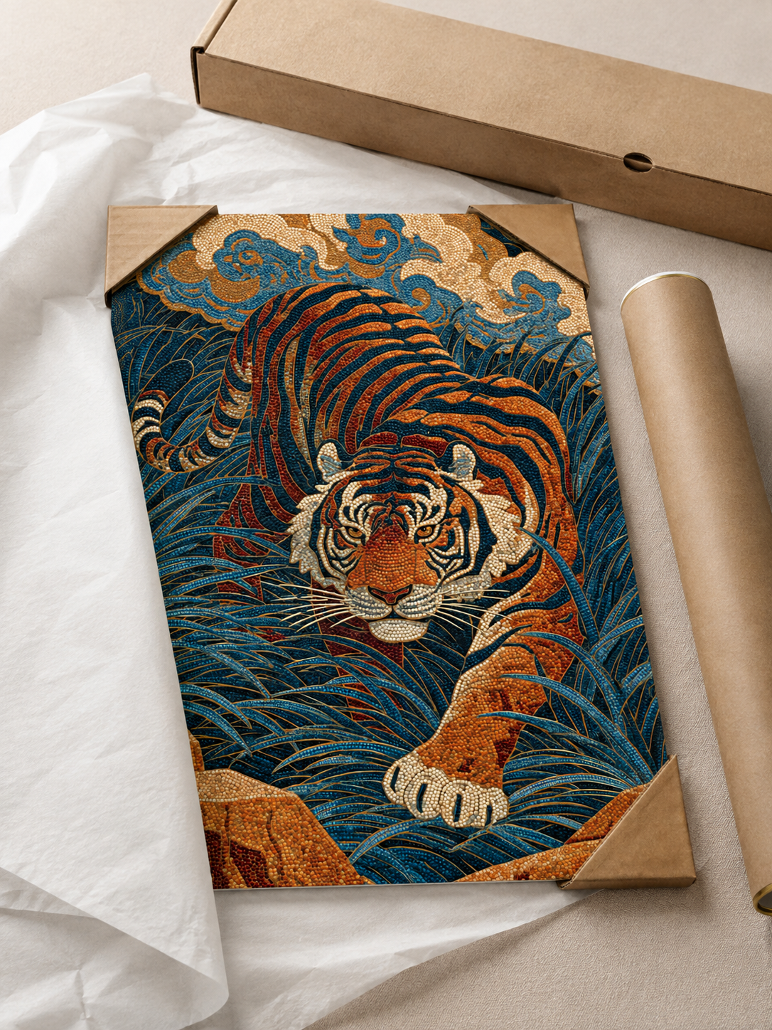 Japanese Tiger Art Print - Wall Art Decor - close-up - tiger wall decor, indigo tiger poster