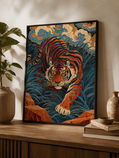 Japanese Tiger Art Print - Wall Art Decor - alternate angle - tiger wall decor, indigo tiger poster