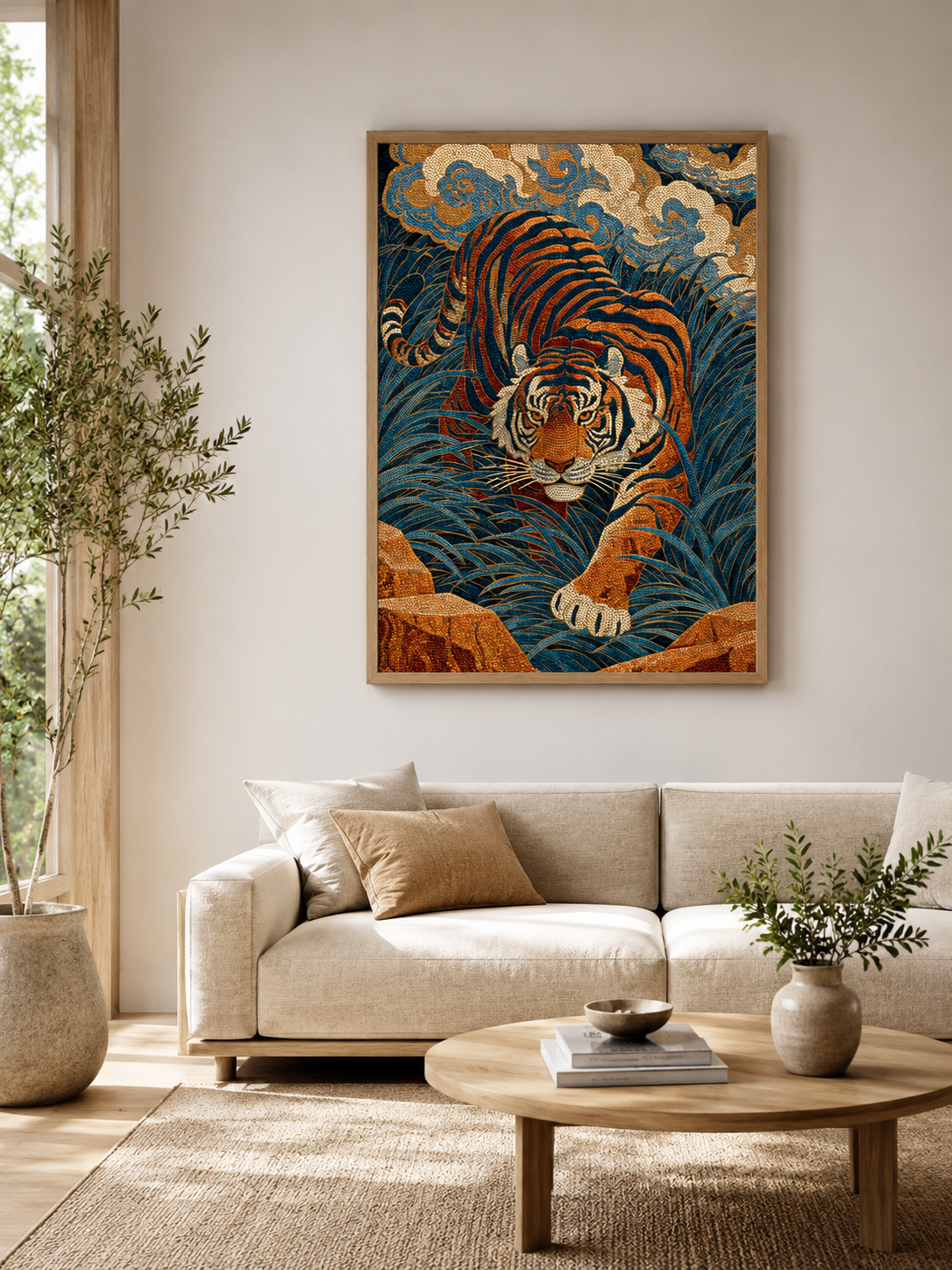 Japanese Tiger Art Print - Wall Art Decor - detail view - tiger wall decor, indigo tiger poster
