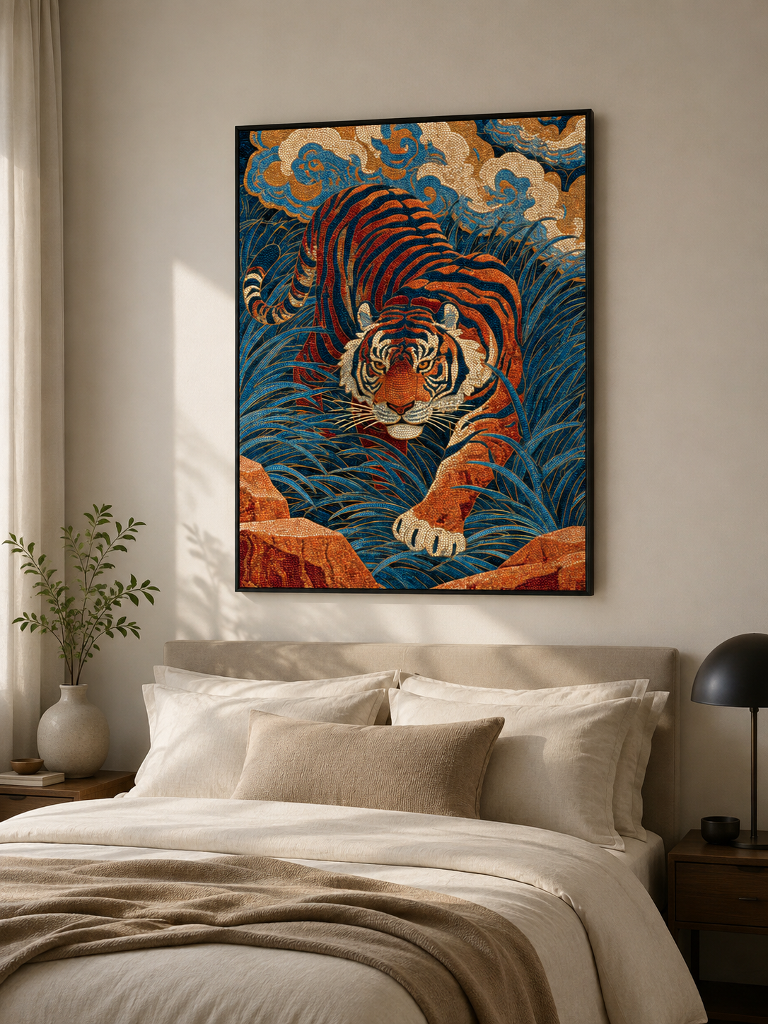 Japanese Tiger Art Print - Wall Art Decor - lifestyle shot - tiger wall decor, indigo tiger poster