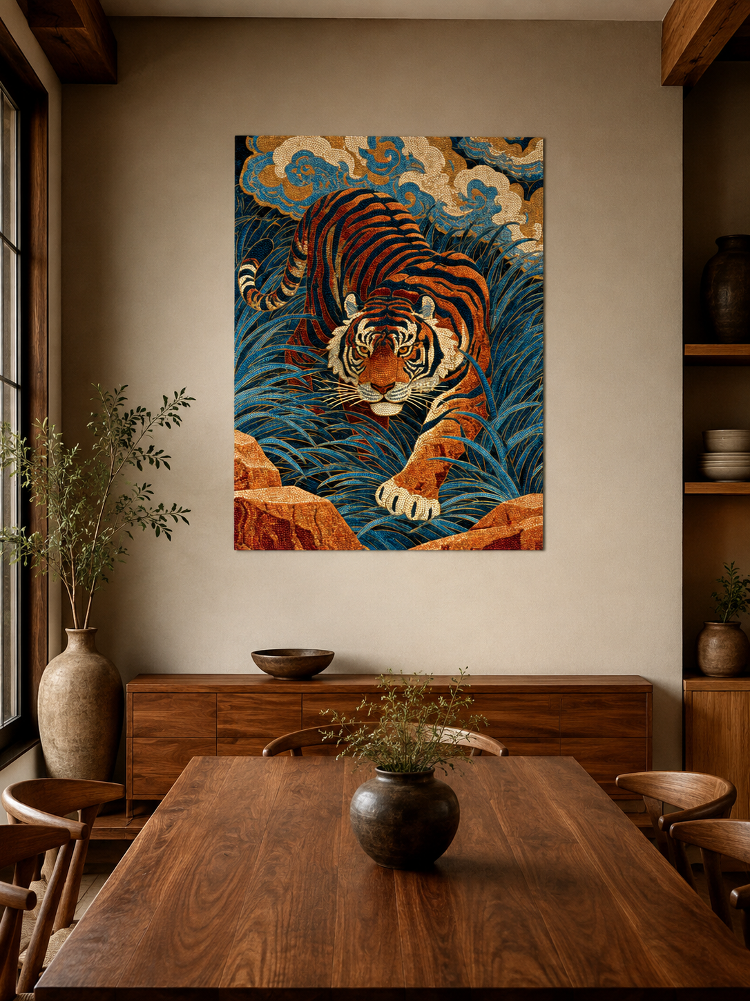 Japanese Tiger Art Print - Wall Art Decor - close-up - tiger wall decor, indigo tiger poster