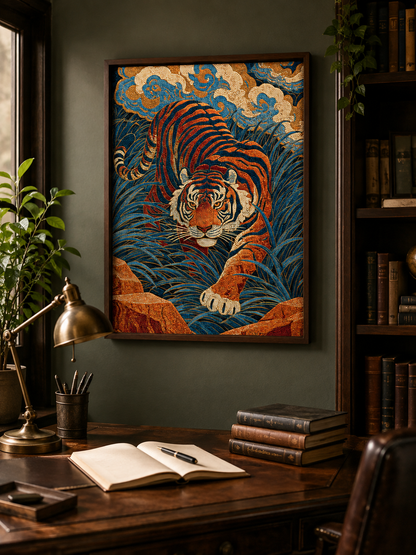 Japanese Tiger Art Print - Wall Art Decor - packaging - tiger wall decor, indigo tiger poster