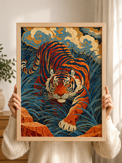 Japanese Tiger Art Print - Wall Art Decor - detail view - tiger wall decor, indigo tiger poster
