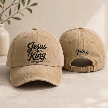 Jesus Is King Embroidered Washed Cap - Washed Cap - front view