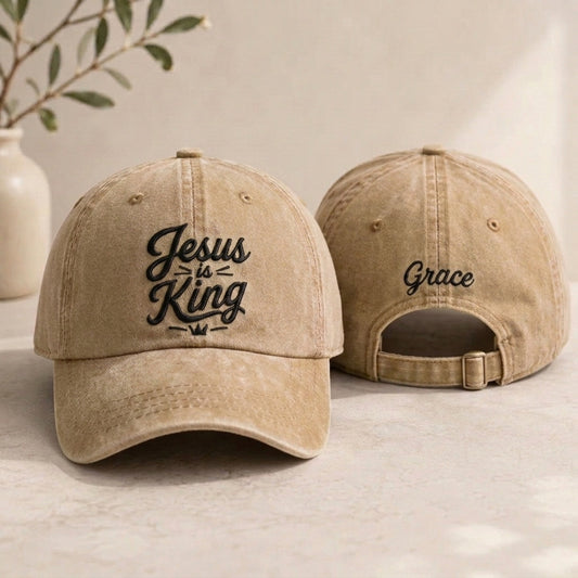 Jesus Is King Embroidered Washed Cap - Washed Cap - front view