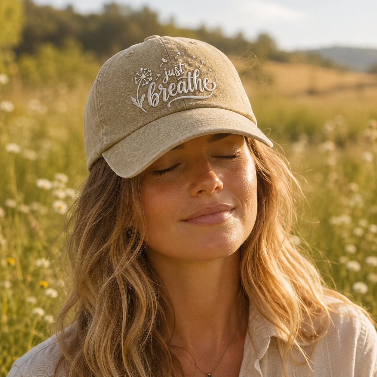 Just Breathe Embroidered Washed Cap - Washed Cap - side view