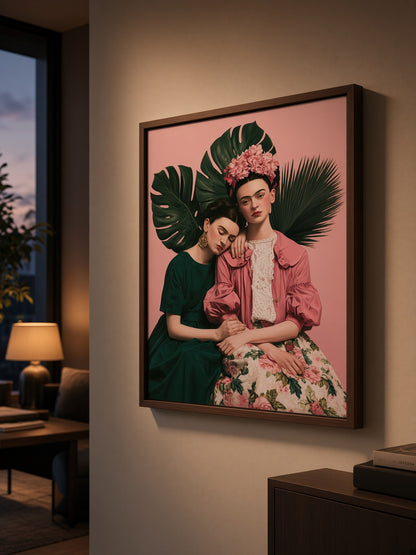 Póster Inspirado em Frida Kahlo - Wall Art Decor - close-up - kahlo inspired art print, pink botanical wall decor