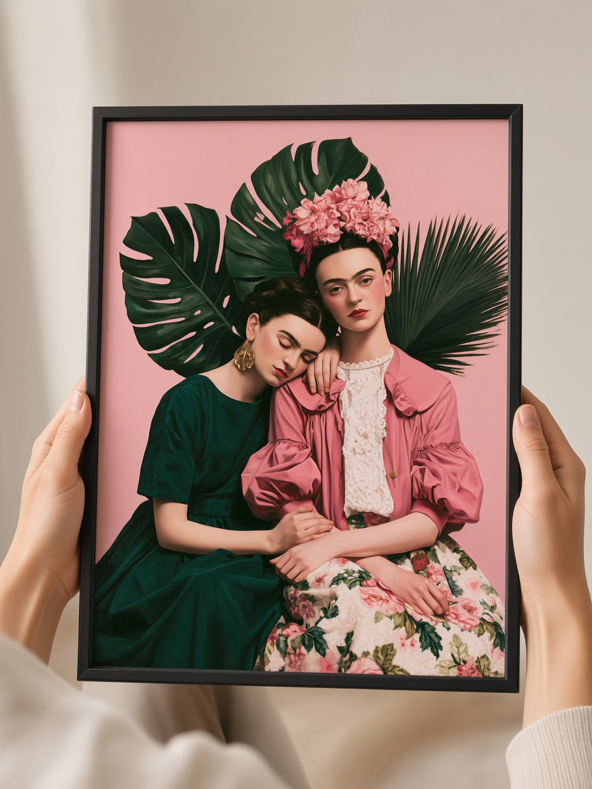 Póster Inspirado em Frida Kahlo - Wall Art Decor - lifestyle shot - kahlo inspired art print, pink botanical wall decor