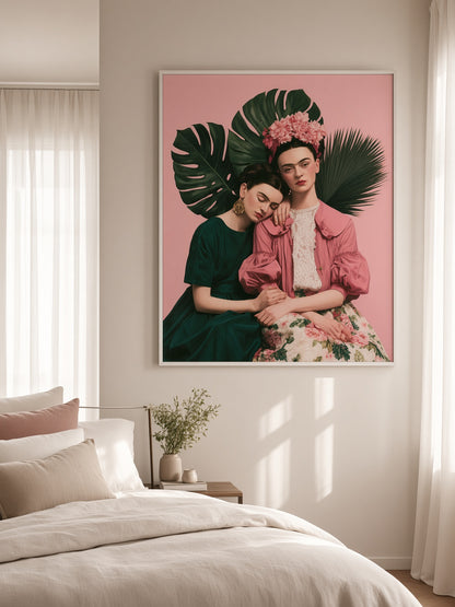 Póster Inspirado em Frida Kahlo - Wall Art Decor - close-up - kahlo inspired art print, pink botanical wall decor