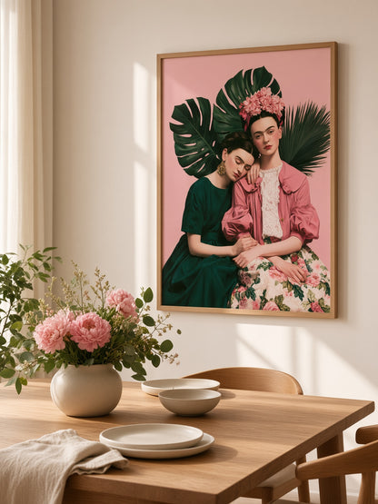 Póster Inspirado em Frida Kahlo - Wall Art Decor - front view - kahlo inspired art print, pink botanical wall decor