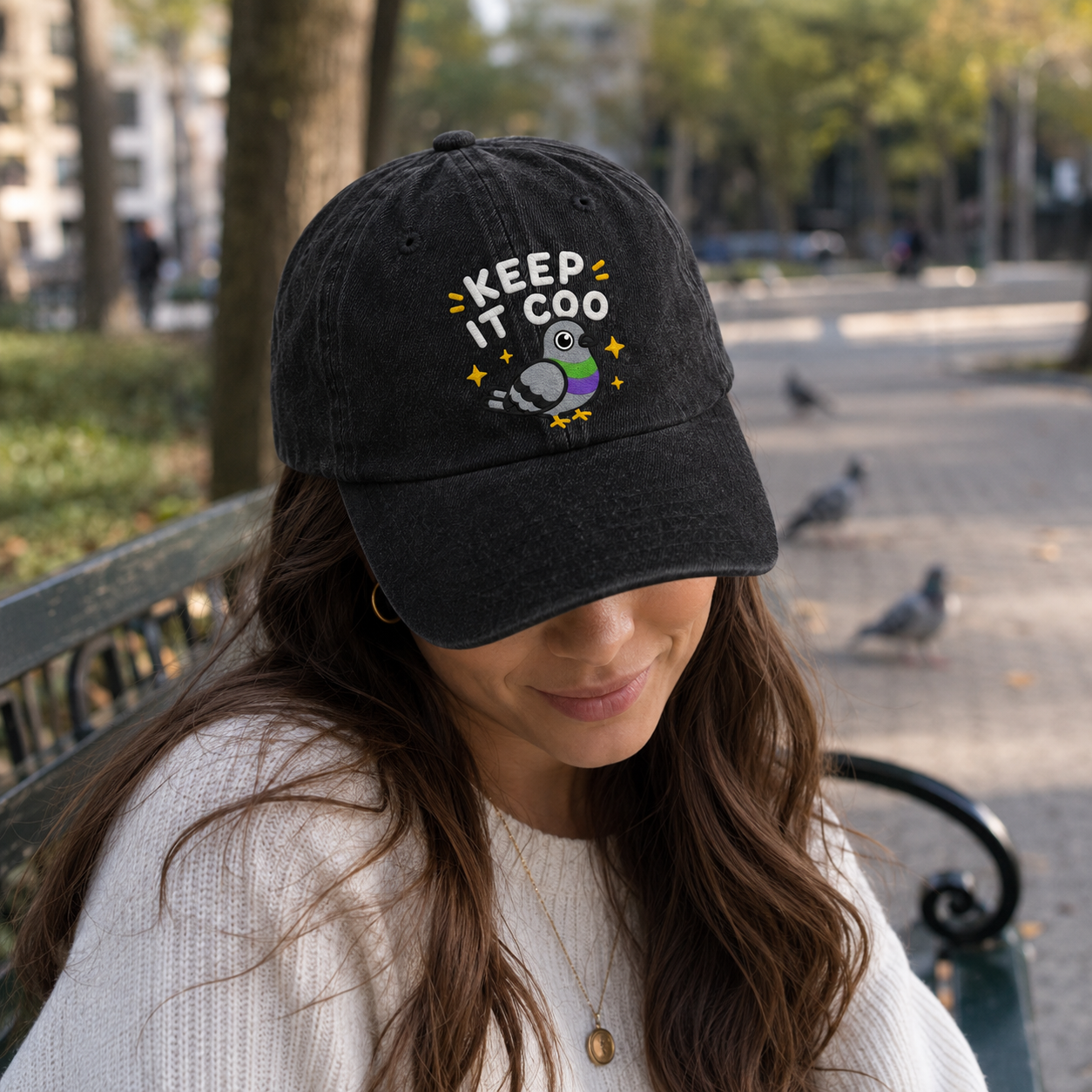 Keep It Coo Pigeon Embroidered Washed Cap - Washed Cap - side view
