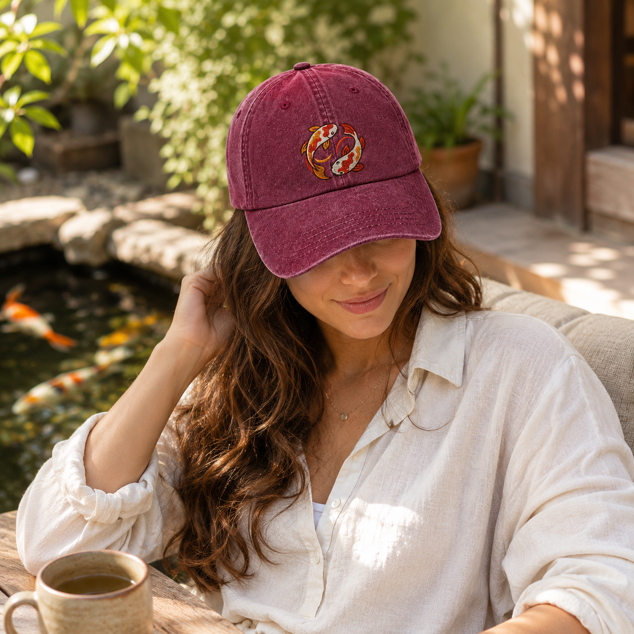 Koi Yin Yang Embroidered Washed Cap - Washed Cap - alternate angle