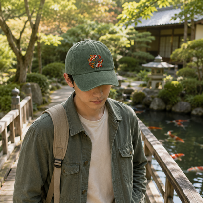 Koi Yin Yang Embroidered Washed Cap - Washed Cap - detail