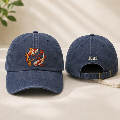 Koi Yin Yang Embroidered Washed Cap - Washed Cap - front view