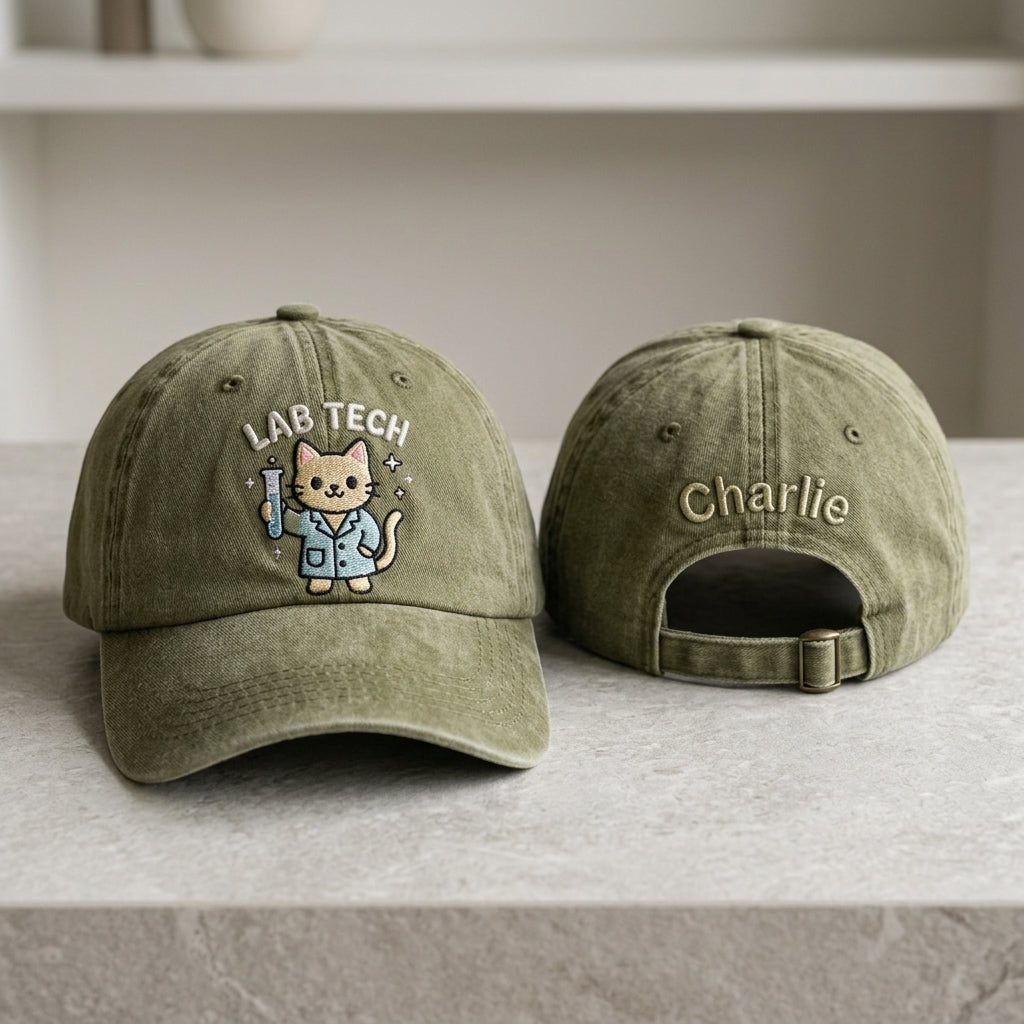 Lab Tech Cat Embroidered Washed Cap - Washed Cap - front view