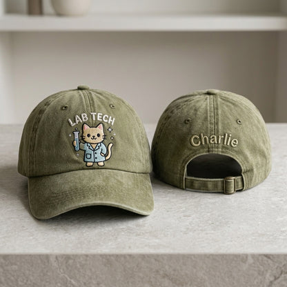 Lab Tech Cat Embroidered Washed Cap - Washed Cap - front view