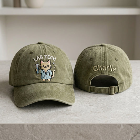 Lab Tech Cat Embroidered Washed Cap - Washed Cap - front view