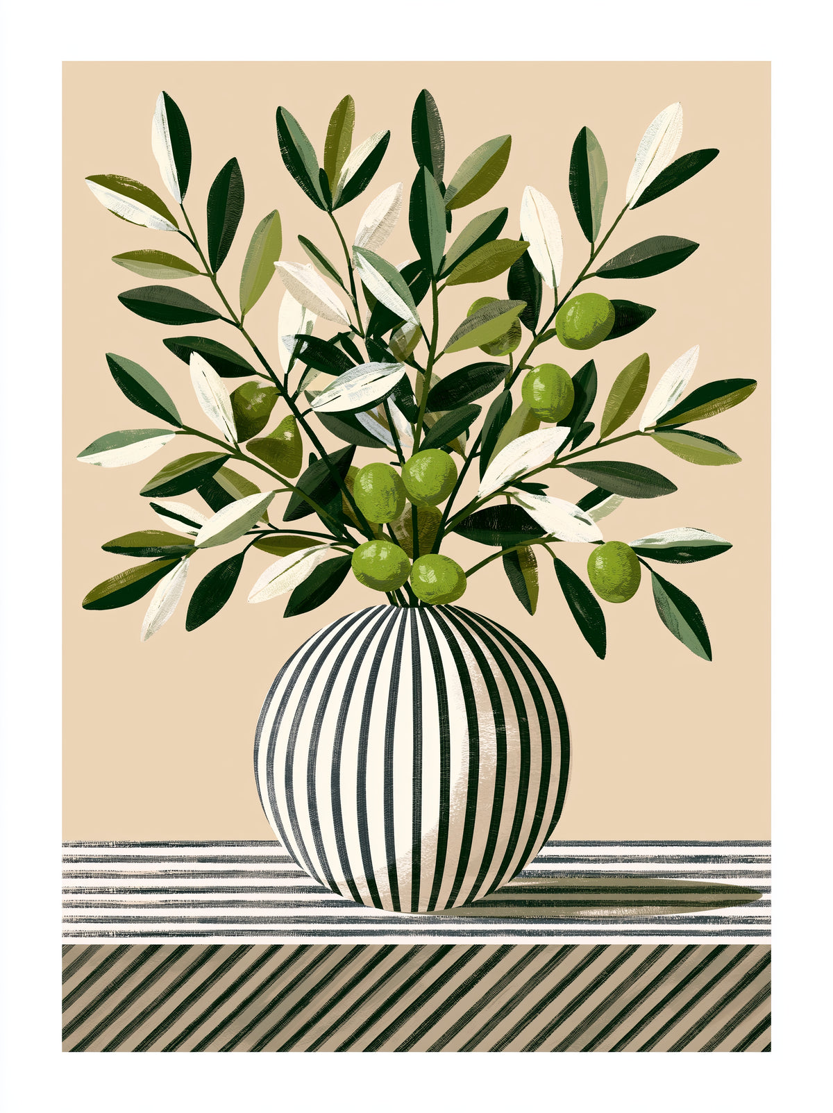 Leafy Branch Art Print - Wall Art Decor - front view - green beige wall decor, canvas print