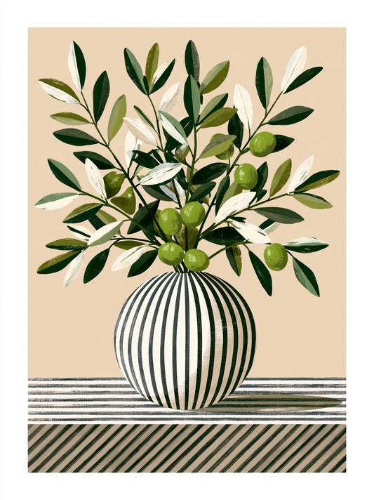 Leafy Branch Art Print - Wall Art Decor - front view - green beige wall decor, canvas print