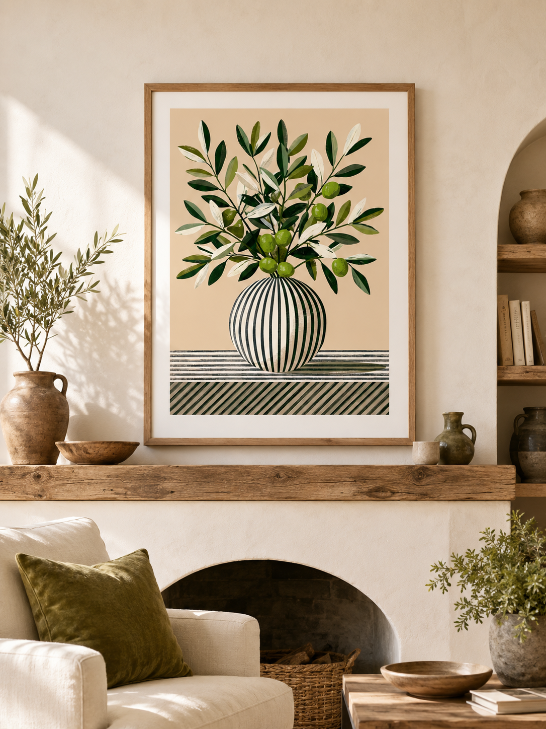 Leafy Branch Art Print - Wall Art Decor - close-up - green beige wall decor, canvas print
