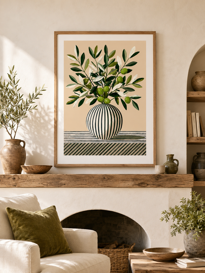 Leafy Branch Art Print - Wall Art Decor - close-up - green beige wall decor, canvas print