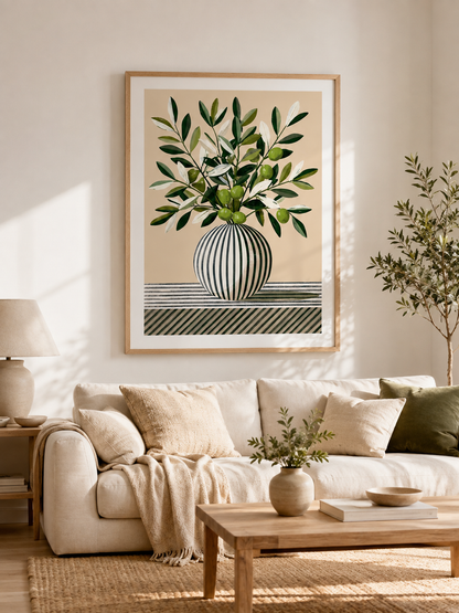 Leafy Branch Art Print - Wall Art Decor - detail view - green beige wall decor, canvas print