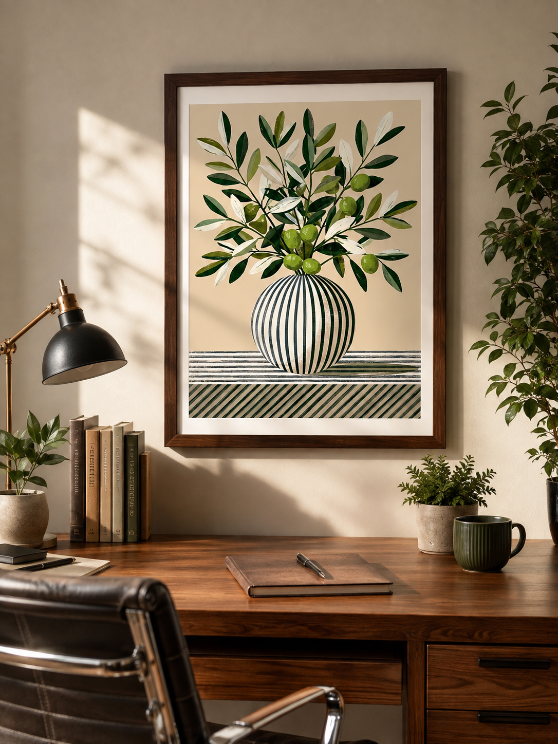 Leafy Branch Art Print - Wall Art Decor - close-up - green beige wall decor, canvas print