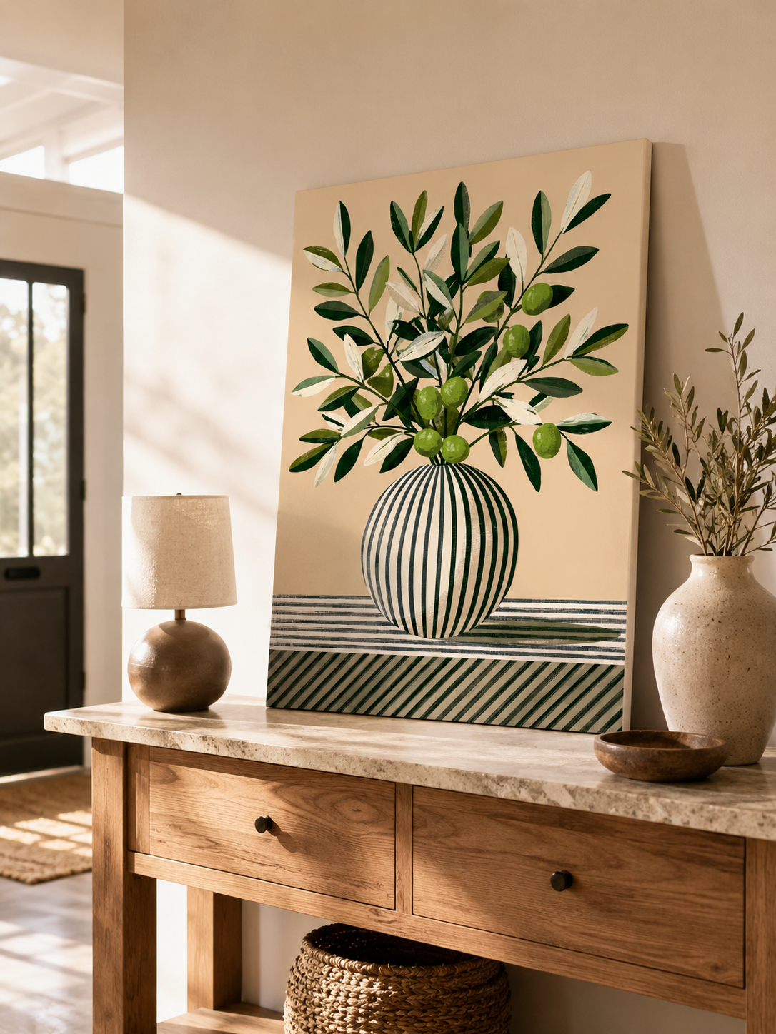 Leafy Branch Art Print - Wall Art Decor - alternate angle - green beige wall decor, canvas print
