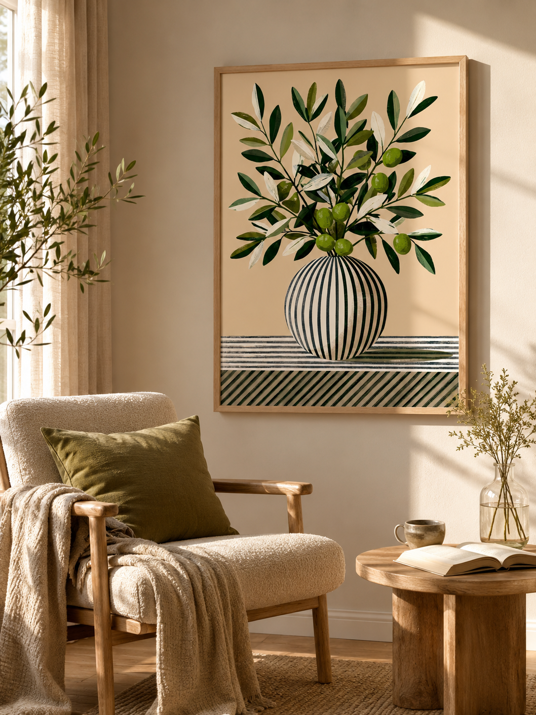 Leafy Branch Art Print - Wall Art Decor - front view - green beige wall decor, canvas print