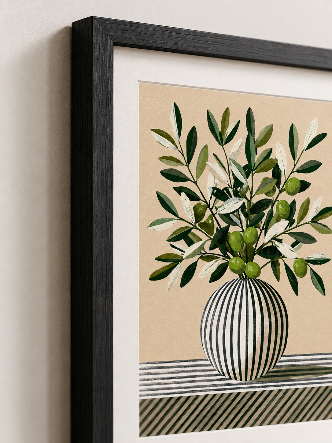 Leafy Branch Art Print - Wall Art Decor - detail view - green beige wall decor, canvas print