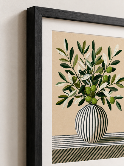 Leafy Branch Art Print - Wall Art Decor - detail view - green beige wall decor, canvas print