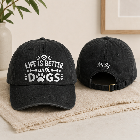 Life Is Better With Dogs Embroidered Washed Cap - Washed Cap - front view
