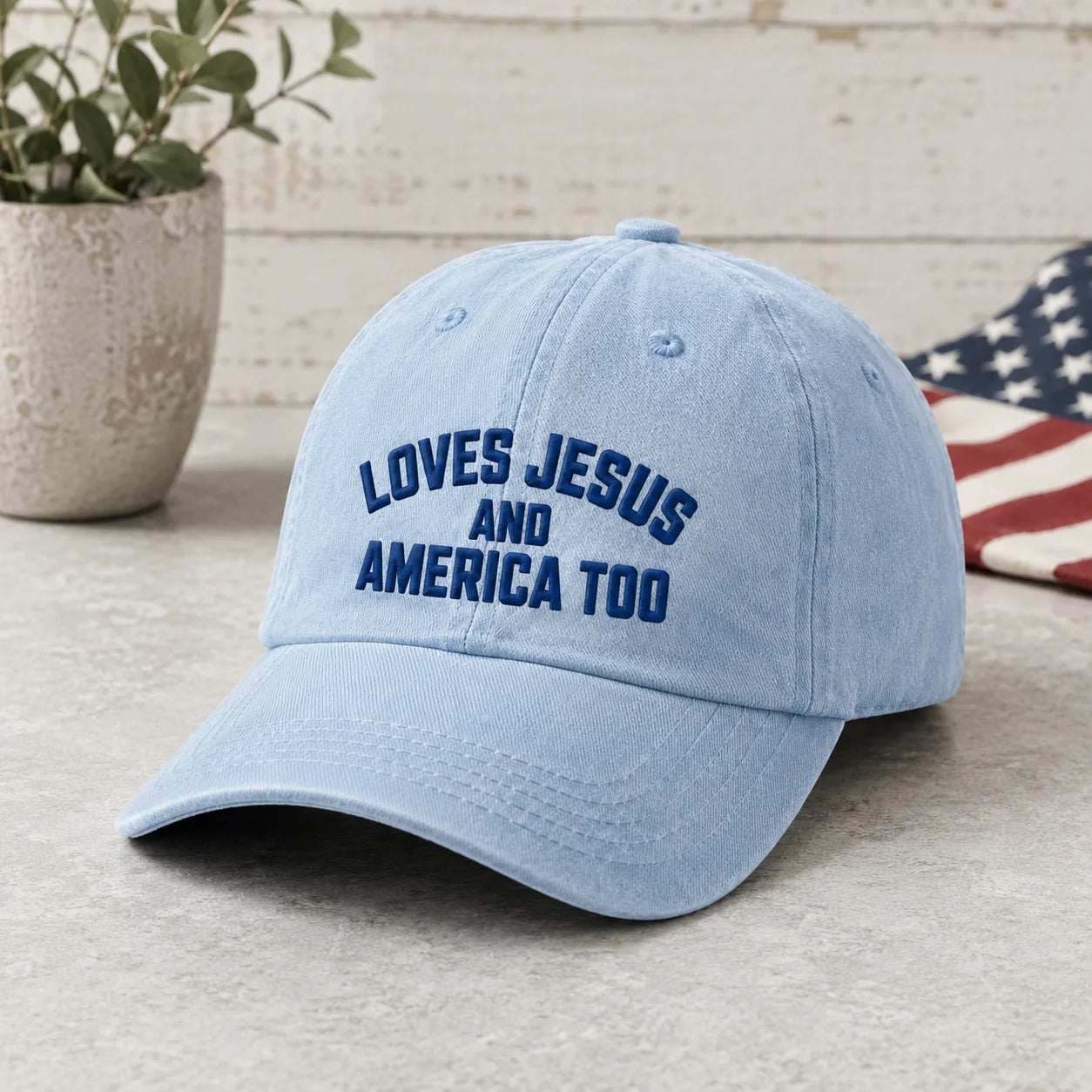 Loves Jesus and America Too Washed Cap - washed cap - in use