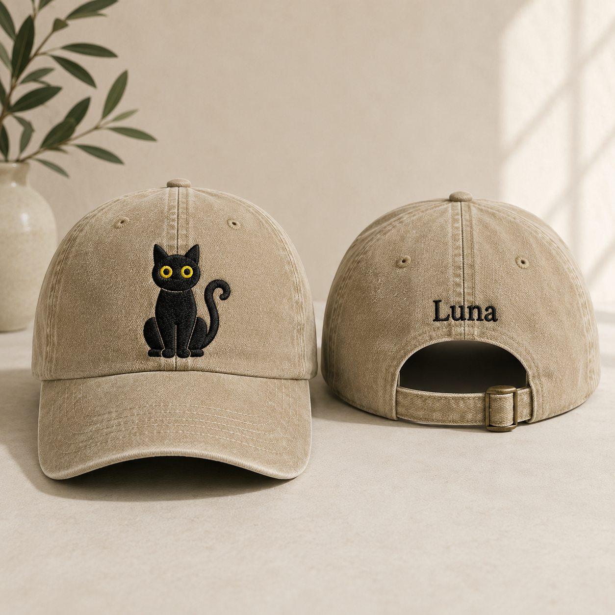 Luna Black Cat Embroidered Washed Cap - Washed Cap - front view