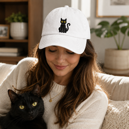 Luna Black Cat Embroidered Washed Cap - Washed Cap - side view