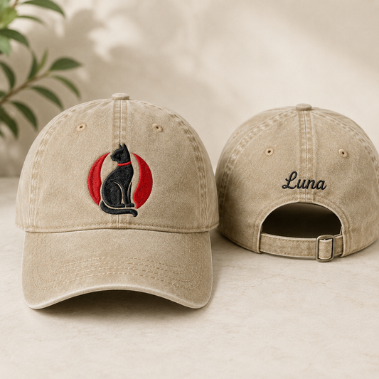 Luna Cat Embroidered Washed Cap - Washed Cap - front view