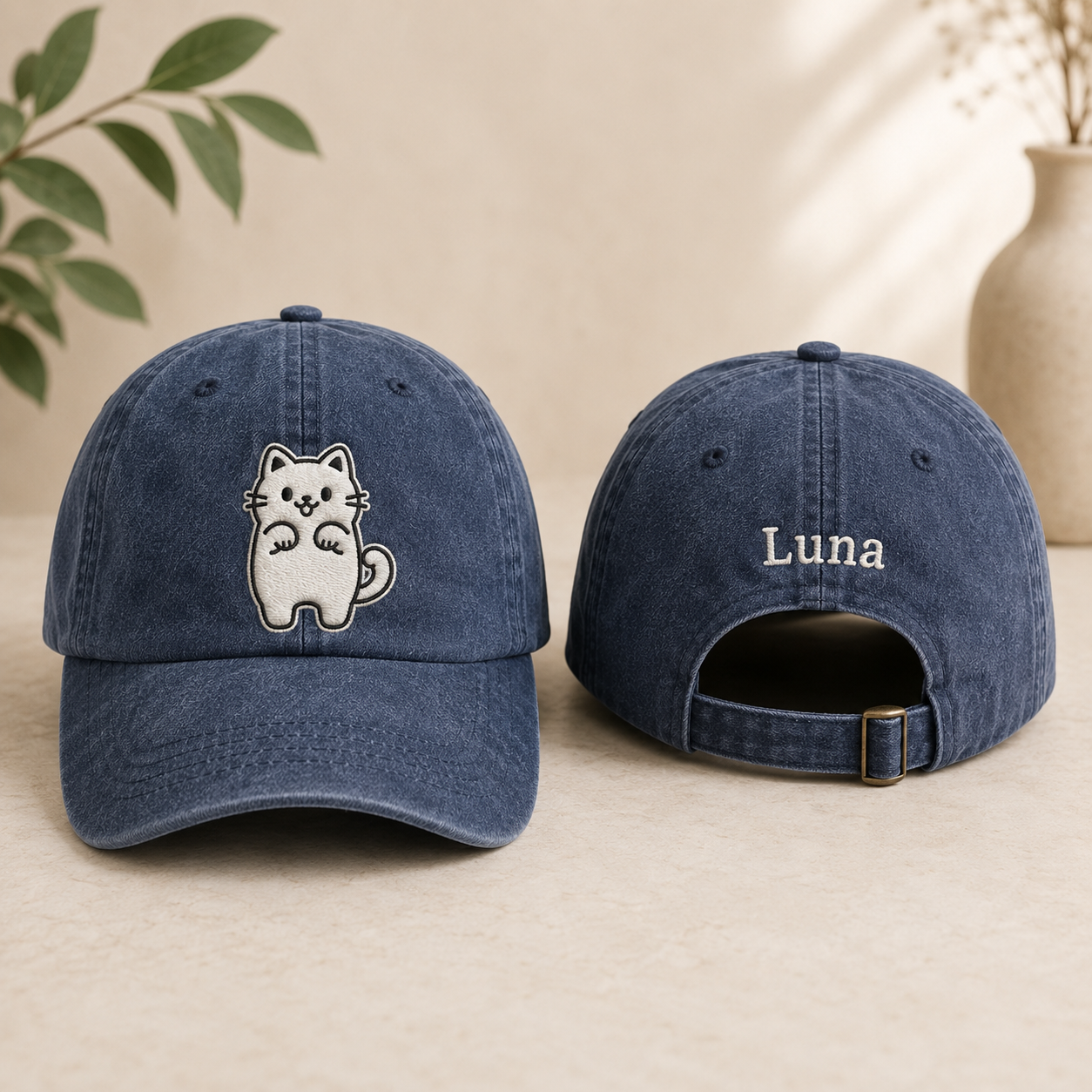 Luna Cat Embroidered Washed Cap - Washed Cap - front view