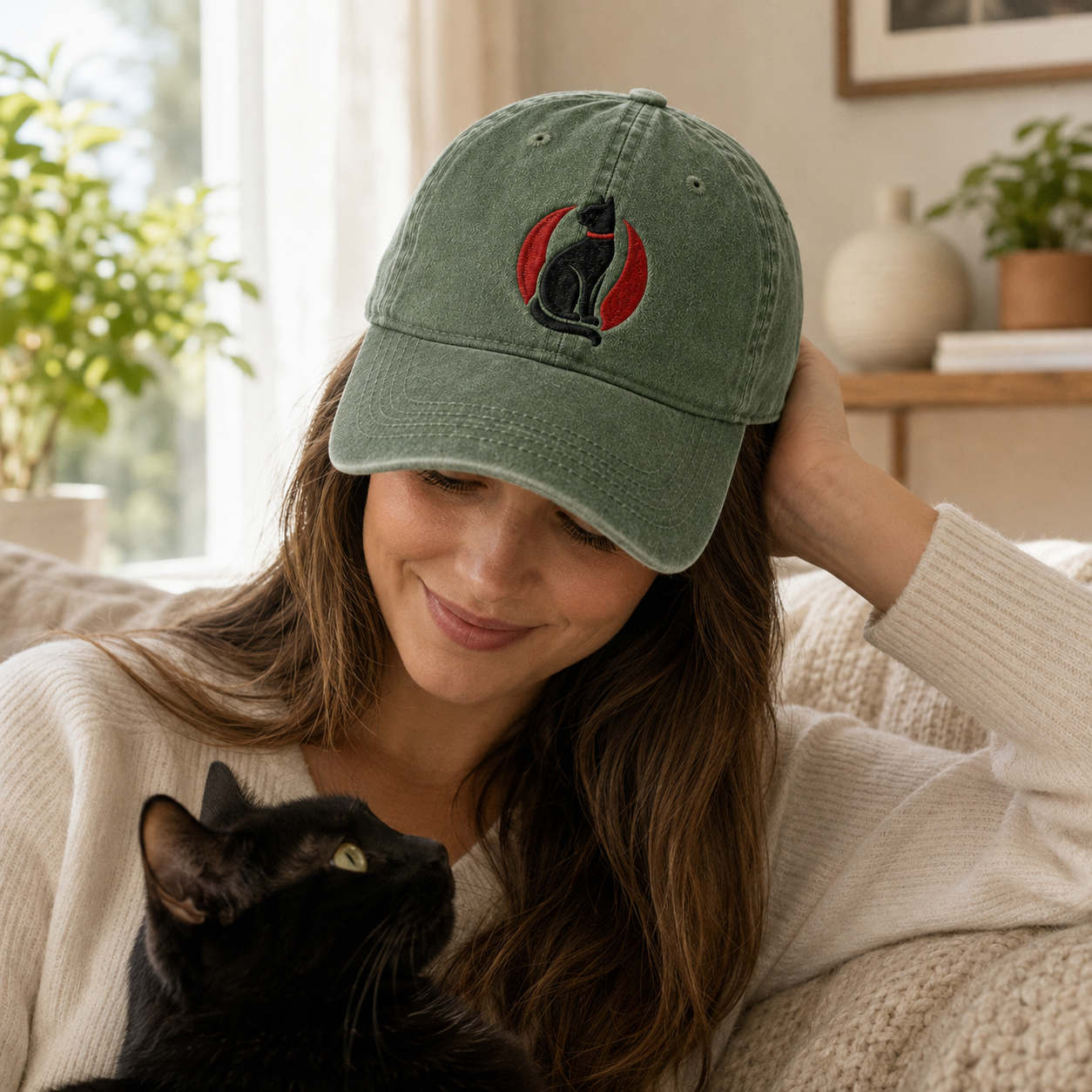Luna Cat Embroidered Washed Cap - Washed Cap - side view