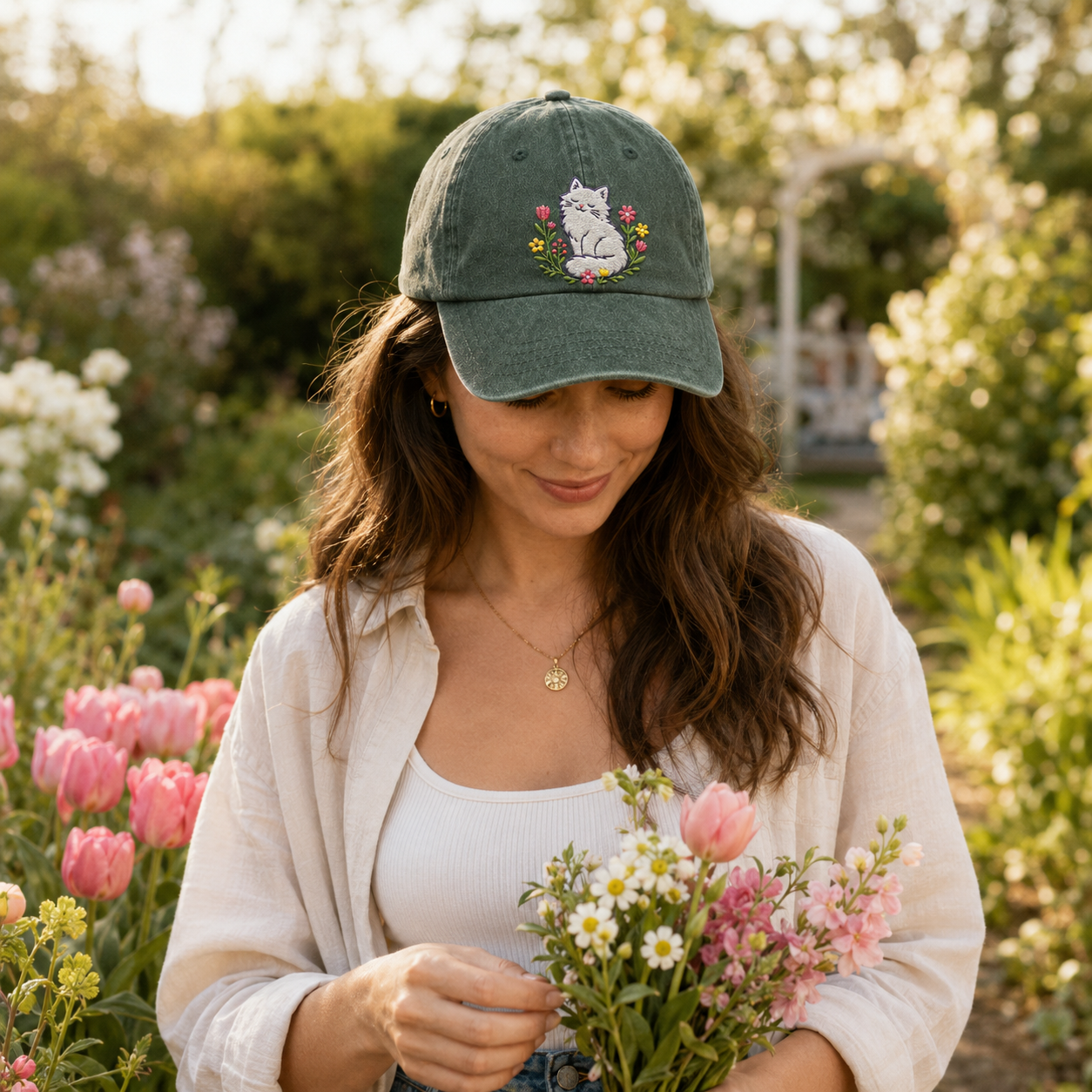 Luna Cat Floral Washed Cap - Washed Cap - detail
