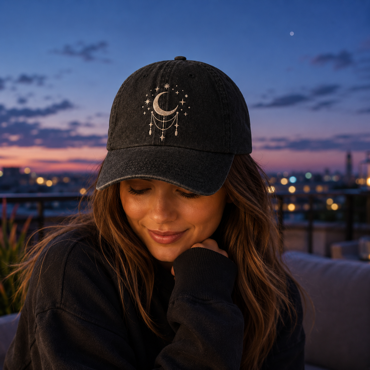 Luna Moon Embroidered Washed Cap - Washed Cap - side view
