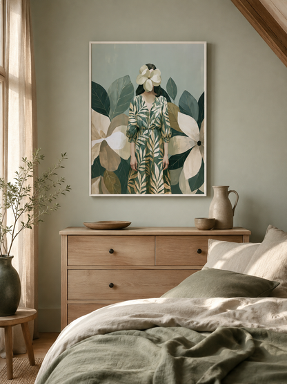 Magnolia Woman Art Print - Wall Art Decor - front view - magnolia woman art print, botanical woman wall art