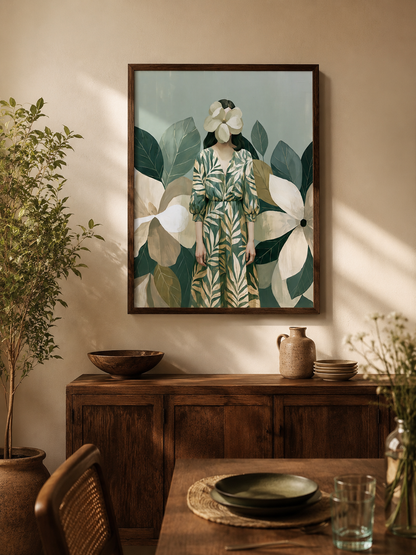 Magnolia Woman Art Print - Wall Art Decor - detail view - magnolia woman art print, botanical woman wall art