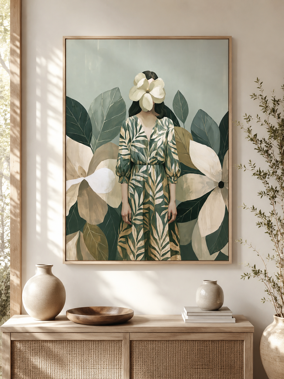 Magnolia Woman Art Print - Wall Art Decor - lifestyle shot - magnolia woman art print, botanical woman wall art