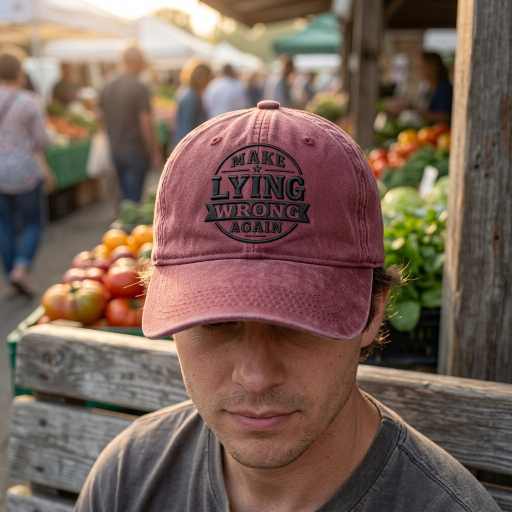 Man wearing a pink cap with text at an outdoor market.